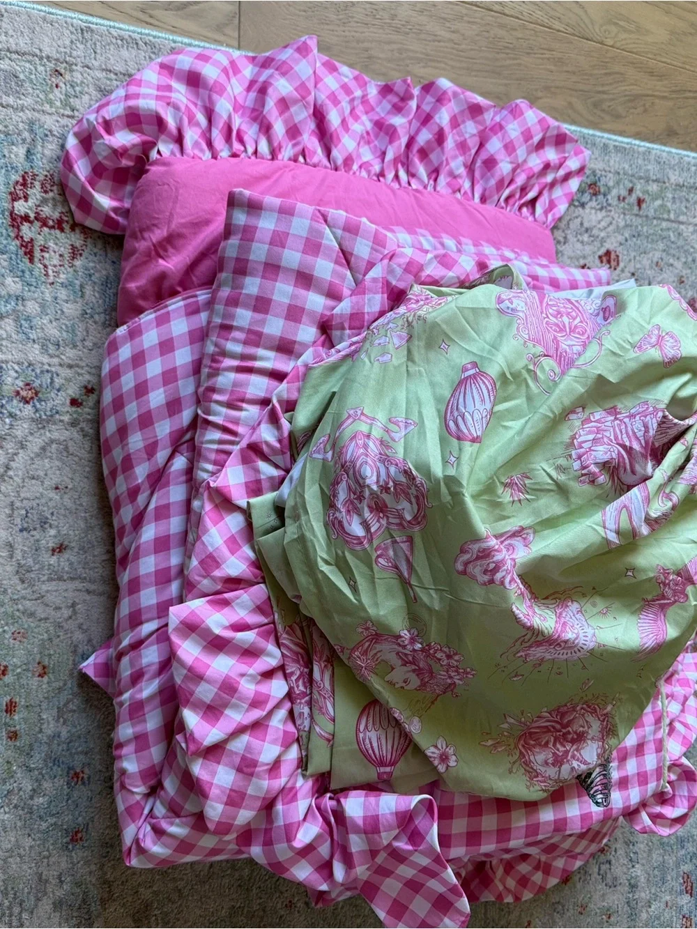 Wicked Katie Kime Pink Gingham Ruffled Comforter and Sheet Set - FULL